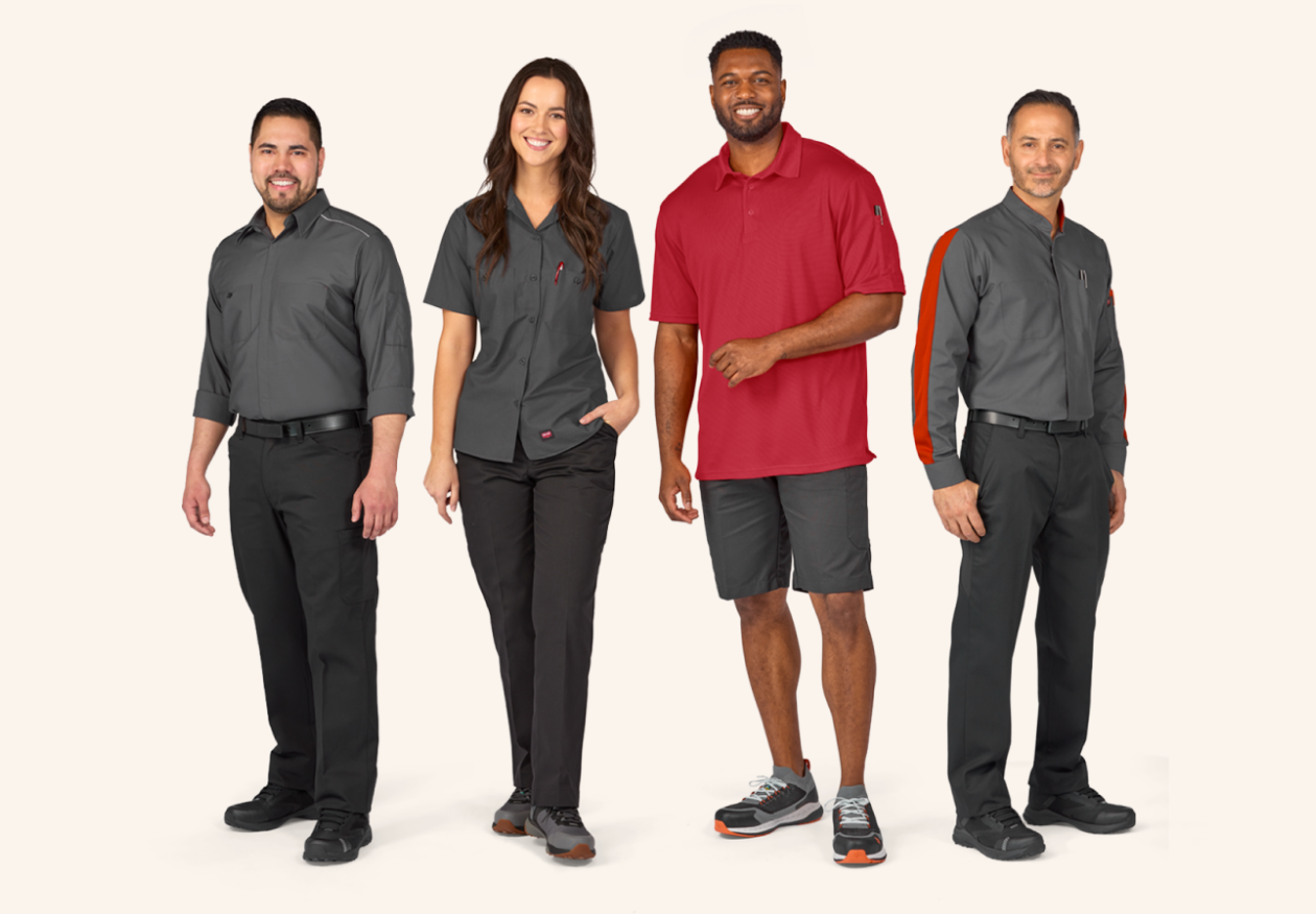 four happy workers wearing Red Kap's most mobility friendly workwear four happy workers wearing Red Kap's most mobility friendly workwear