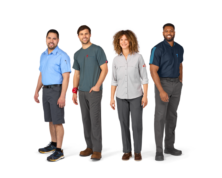 four happy workers wearing Red Kap's most breathable workwear four happy workers wearing Red Kap's most breathable workwear
